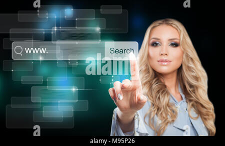 Internet Surfing Concept with Pointing Female Hand. Businesswoman Touching Virtual Web Browser Address Bar or Search Bar with Loupe Sign on Dark Backg Stock Photo