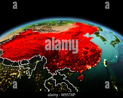 Morning above China highlighted in red on model of planet Earth in space with visible border lines and city lights. 3D illustration. Elements of this  Stock Photo