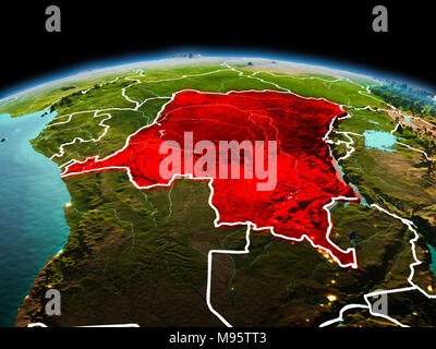 Morning above Democratic Republic of Congo highlighted in red on model of planet Earth in space with visible border lines and city lights. 3D illustra Stock Photo