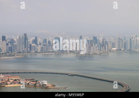 Panama City aerial - skyscraper skyline and coast view of Panama city - Stock Photo