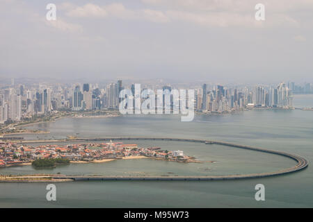 Panama City aerial - skyscraper skyline and coast view of Panama city - Stock Photo