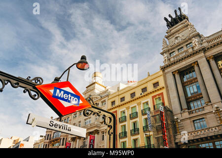 Madrid, Spain : Sevilla metro sign by BBVA bank building in Alcala street. Stock Photo