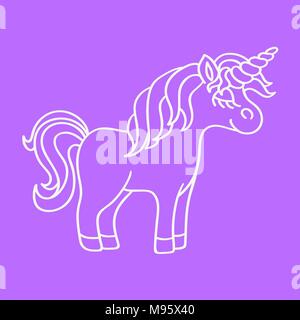 Fantasy unicorn white outline sketch icon on the purple background Stock Vector