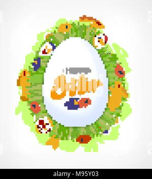 Vector element for design. Easter eggs in green grass with white flowers, butterflies isolated on white background. Stock Vector