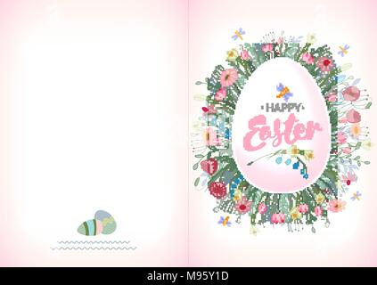 Ready for print Happy Easter greeting card whith egg, flowers and herb. Vector Stock Vector