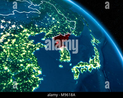 Satellite view of North Korea highlighted in red on planet Earth at night with borderlines and city lights. 3D illustration. Elements of this image fu Stock Photo