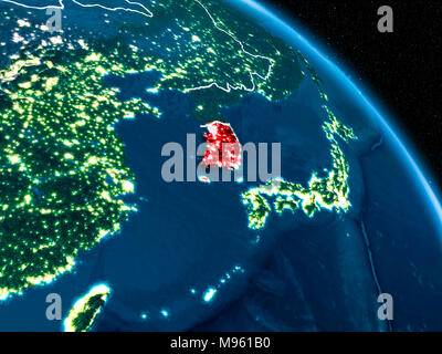 Satellite view of South Korea highlighted in red on planet Earth at ...