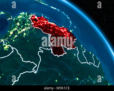 Satellite view of Venezuela highlighted in red on planet Earth at night with borderlines and city lights. 3D illustration. Elements of this image furn Stock Photo