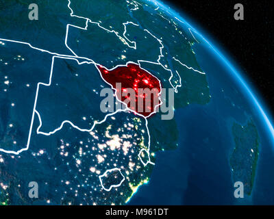 Satellite view of Zimbabwe highlighted in red on planet Earth at night with borderlines and city lights. 3D illustration. Elements of this image furni Stock Photo