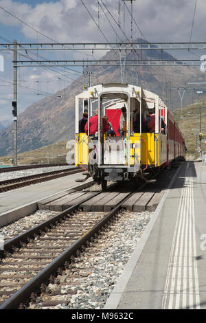 Bernina Railway links St. Moritz, Switzerland, with the town of Tirano, Italy, via the Bernina Pass Stock Photo