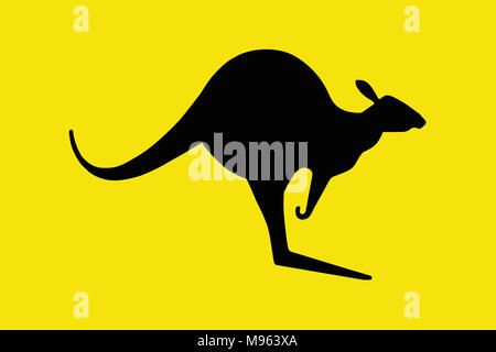 An illustration showing A Kangaroo isolated as a silhouette shown in black on yellow. Stock Photo