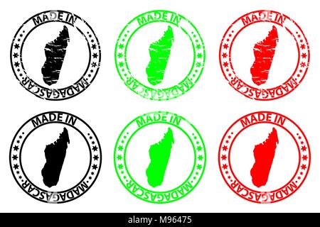 Made in Madagascar - rubber stamp - vector, Madagascar map pattern - black, green and red Stock Vector