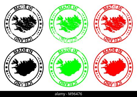 Made in Iceland - rubber stamp - vector, Iceland map pattern - black, green and red Stock Vector