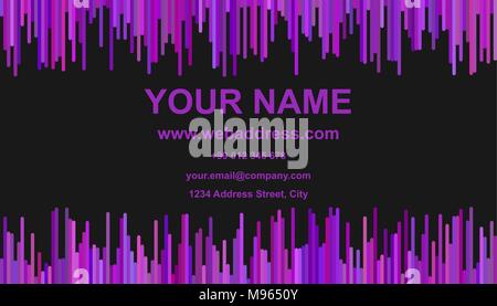 Business card template design - vector identity card graphic with vertical lines in purple tones on black background Stock Vector