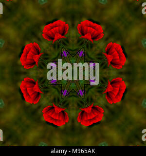 Beautiful floral background kaleidoscope in green and red colors Stock Photo