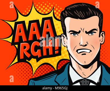 Angry businessman or man in business suit. Pop art retro comic style. Cartoon vector illustration Stock Vector