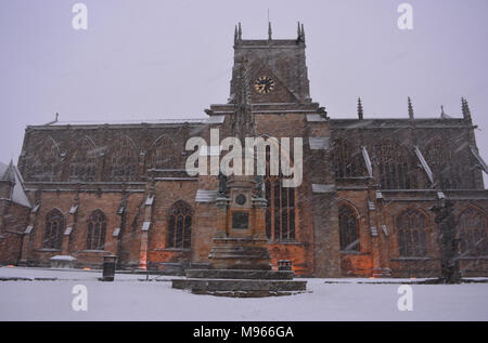 Sherborne Abbey in the historic market town of Sherborne, Dorset during the so-called mini Beast from the East snowstorm, March 2018. Stock Photo