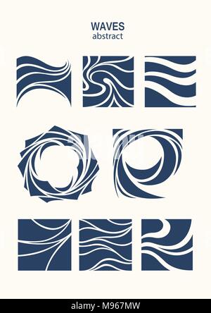 Set Water Wave Logo abstract design. Cosmetics Surf Sport Logotype concept. Square aqua icon Stock Vector