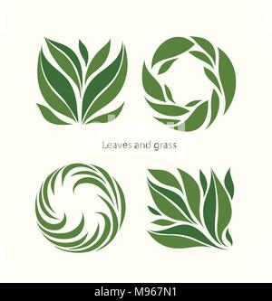 Set Grass and Leaves Label abstract design. Square and Round icon. Beautiful Logo Garden Company. Stock Vector