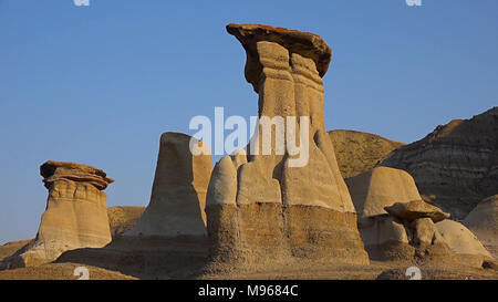 Drumheller Alberta Badlnds Hoodoos Sandstone Formations on a Shale base, believed to be petrified giants by the Blackfoot and Cree. Stock Photo