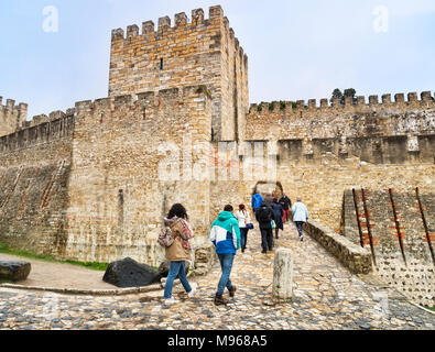 1 March 2018: Lisbon, Portugal - Visitors enter Lisbon Castle on the first day of spring. Stock Photo