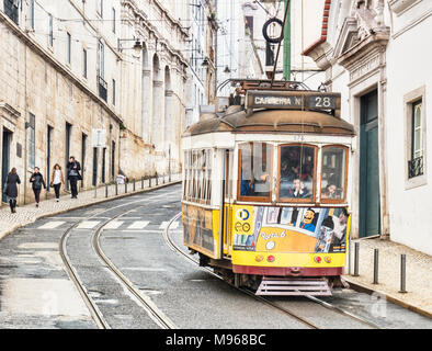 6 March 2018: Famous tourist attraction, tram 28, on its route in the Old Town. Stock Photo