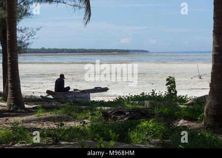 Fisherman tending to nets in the shade of palm trees in Zanzibar Stock Photo