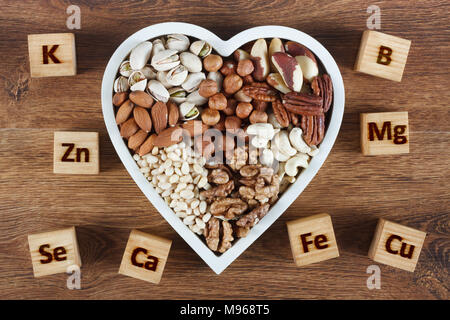 Microelements in different types of nuts. Healthy food concept Stock Photo