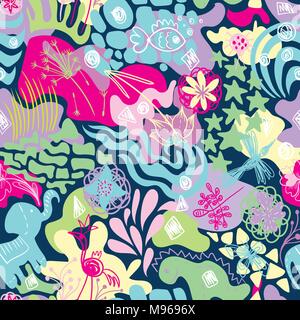 Seamless texture with animals, water splash, floral sketches and sea ornaments in pastel colors on dark background Stock Vector