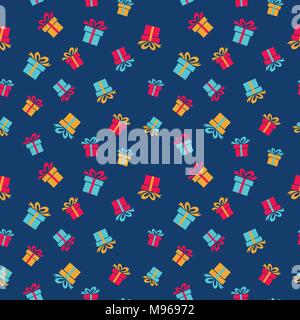 Seamless texture with colorful present boxes on indigo blue background Stock Vector