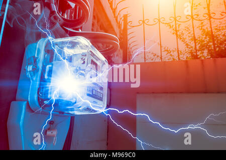 Watt Hour Meter with Electricity Short circuit Danger of overuse power in household Stock Photo