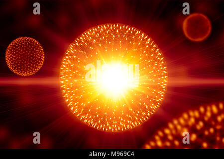 CG model structure form of Nucleus Atom Nuclear explode bomb emit x-ray radiation or light injection of magnetic fields and particles from the central Stock Photo