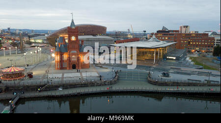 Aerial view of the Senedd, home of the Welsh National Assembly at Cardiff Bay, Wales, UK. Stock Photo