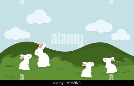 Little rabbit and friend in green forest. Cute animal cartoon illustration. Stock Photo