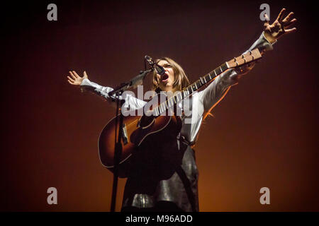 Norway, Oslo - March 13, 2018. The Swedish indie folk duo First Aid Kit performs a live concert at Oslo Spektrum in Oslo. The here singer and guitarist Klara Söderberg is seen live on stage. (Photo credit: Gonzales Photo - Terje Dokken). Stock Photo