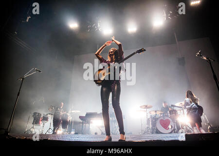 Norway, Oslo - March 13, 2018. The Swedish indie folk duo First Aid Kit performs a live concert at Oslo Spektrum in Oslo. Here bass player Johanna Söderberg is seen live on stage. (Photo credit: Gonzales Photo - Terje Dokken). Stock Photo