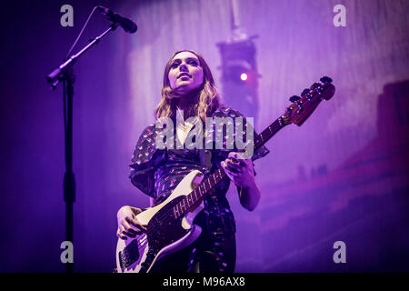 Norway, Oslo - March 13, 2018. The Swedish indie folk duo First Aid Kit performs a live concert at Oslo Spektrum in Oslo. Here bass player Johanna Söderberg is seen live on stage. (Photo credit: Gonzales Photo - Terje Dokken). Stock Photo