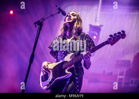 Norway, Oslo - March 13, 2018. The Swedish indie folk duo First Aid Kit performs a live concert at Oslo Spektrum in Oslo. Here bass player Johanna Söderberg is seen live on stage. (Photo credit: Gonzales Photo - Terje Dokken). Stock Photo