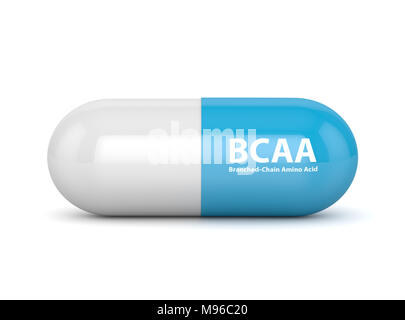 3d render of BCAA pills lying on white background. Sports nutrition concept. Stock Photo