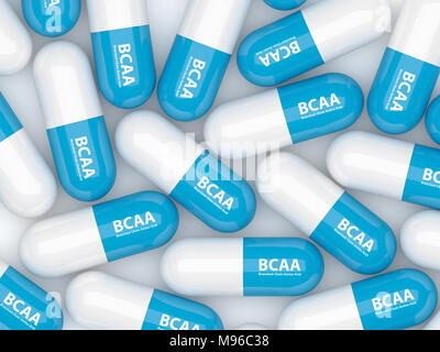 3d render of BCAA pills lying on white table. Sports nutrition concept. Stock Photo