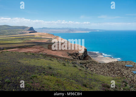 Beautiful view south along the clifftops and road leading up to the Mirador del Rio, Lanzarote Stock Photo