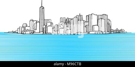 New York City Skyline seen from New Yersey. Vector Outline Illustration for Marketing Design Stock Vector