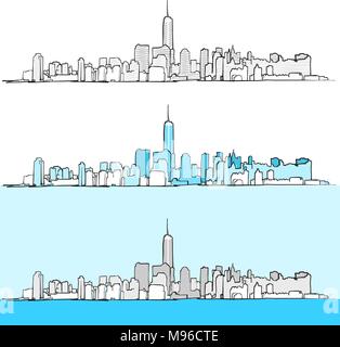 Three Versions of New York City Skyline. Vector drawing art concept for travel marketing Stock Vector