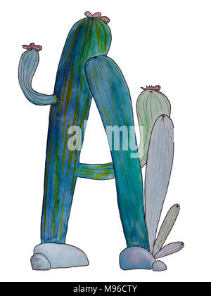 Watercolor illustration with cactus. background with Letter - A. Cool print on T-shirt. Vintage. Lettering Stock Photo