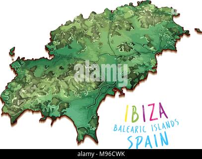 3D Island Map of Ibiza. Detailed vector illustration. Isolated concept for infographic and marketing. Stock Vector