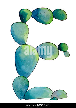 Watercolor illustration with cactus. background with Letter - E. Cool print on T-shirt. Vintage. Lettering Stock Photo