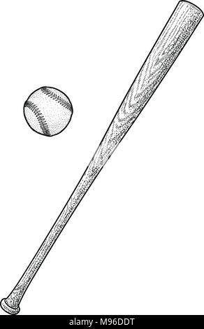 Baseball bat, ball illustration, drawing, engraving, ink, line art, vector Stock Vector