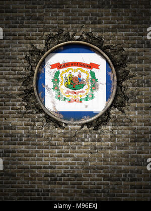 3d rendering of a West Virginia State flag over a rusty metallic plate embedded on an old brick wall Stock Photo