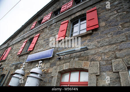 Bernina Railway links St. Moritz, Switzerland, with the town of Tirano, Italy, via the Bernina Pass Stock Photo