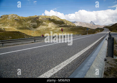 Bernina Railway links St. Moritz, Switzerland, with the town of Tirano, Italy, via the Bernina Pass Stock Photo